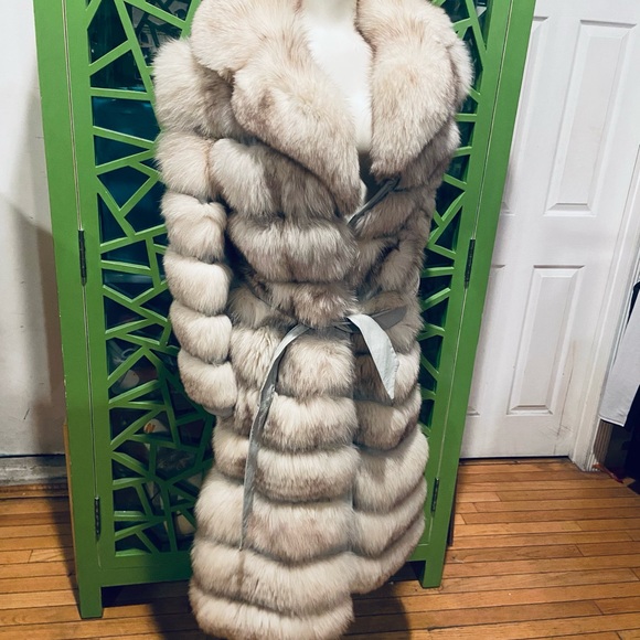 Lintons Pittsburgh Vintage Leather & Arctic Fox Fur Coat w/ Waist Tie - Picture 5 of 9